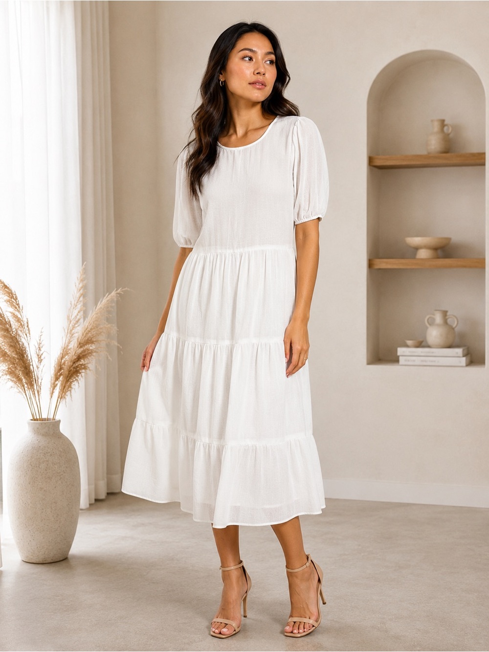 Never Fully Dressed White Tiered Midi Dress with Puff Sleeves
